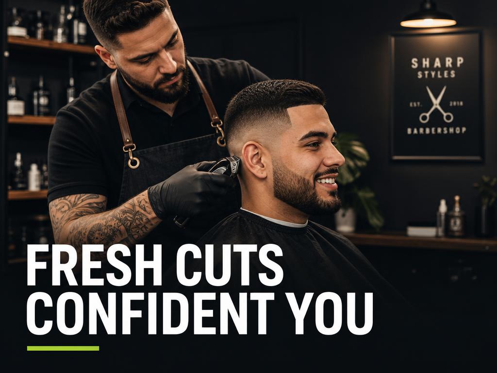 Barber giving a sharp fade haircut, with the words Fresh Cuts Confident You
